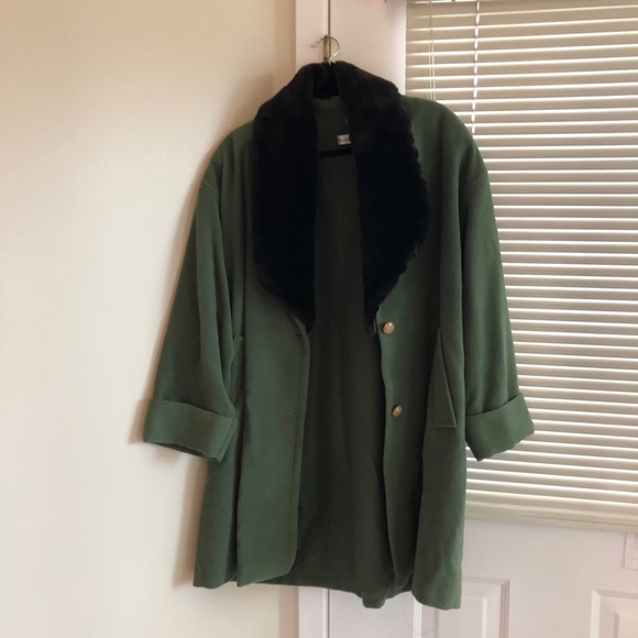 Vintage wool Pea coat green with fur collar - Picture 4 of 10